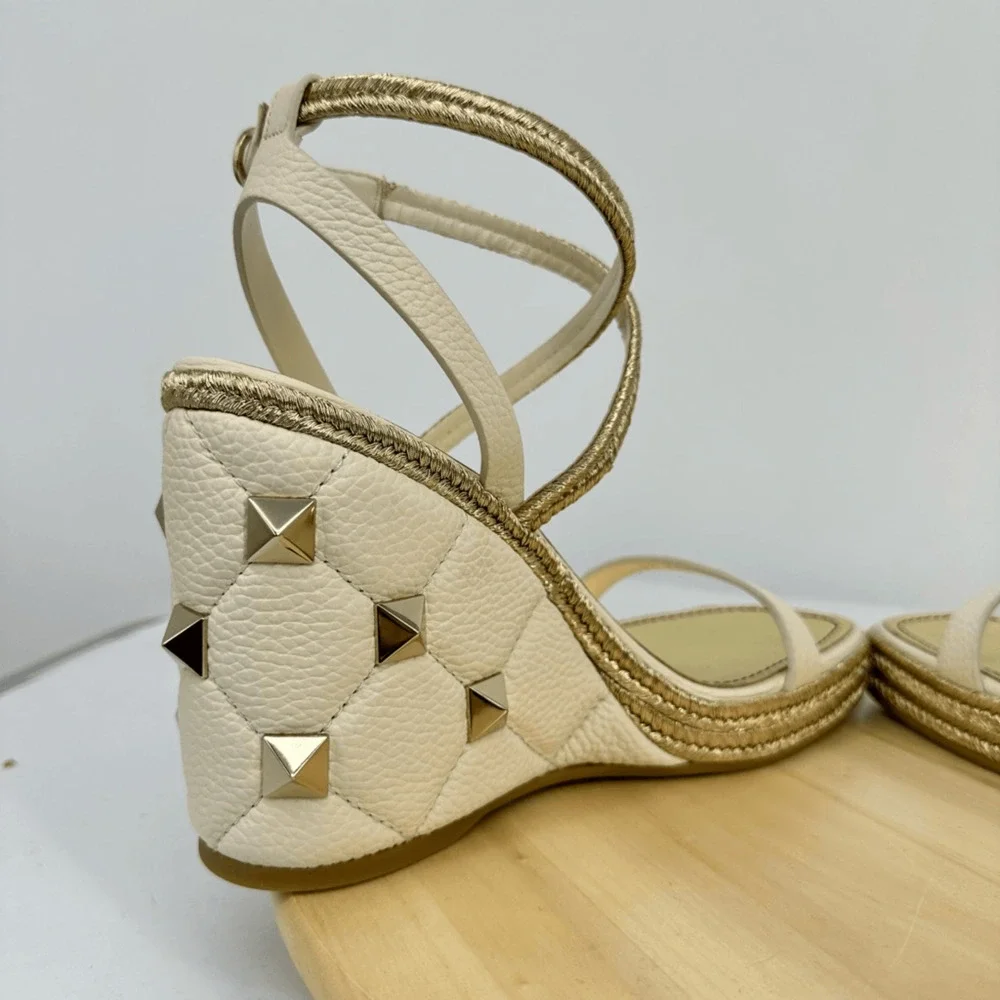 Valentino Garavani Roman Stud Wedge Espadrille Sandals Leather Cream EU 42 US 11